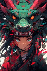 Naklejka premium 龍の被り物と女の子,Generative AI AI画像