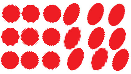 Starburst red sticker set - collection of special offer sale round and oval sunburst labels and buttons isolated on white background. Stickers and badges with star edges for promo advertising