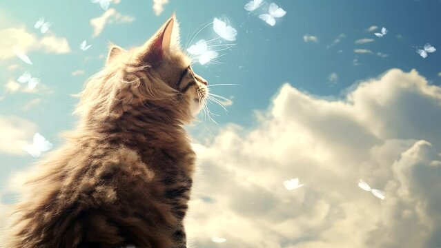 Cloud-chaser's Play: A Cat's Delight Amidst Butterflies and Clouds