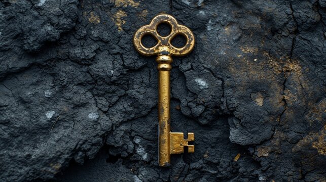 Old Golden Key on Black Grunge Background