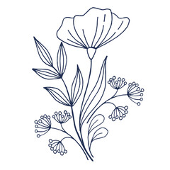 Dark blue silhouettes of grass, flowers and herbs isolated on a white background. Hand drawn flowers. Vector illustration.