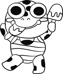 SVG black line sketch of summer animal frog holding popsicle