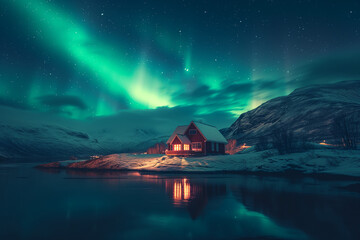 A cabin situated by a lake near a snow-covered mountain, with a dramatic display of the aurora borealis in the night sky