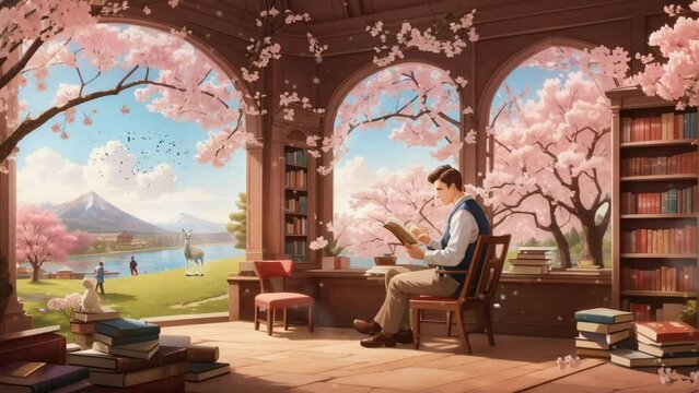 Beautiful spring scenery with cherry blossom trees and library  background. Seamless looping time-lapse virtual video animation background 