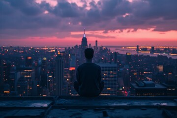 Fototapeta na wymiar Meditation on a serene urban rooftop at dusk