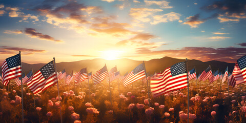 Golden Hour: American Flags Fluttering in the Sunset - obrazy, fototapety, plakaty