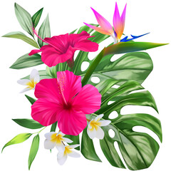 Beautiful tropical bouquet. Bright pink crimson hibiscus flowers in vegetation. Jungle flowers, exotic