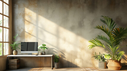 peaceful home office setup with a computer on a desk, surrounded by lush indoor plants, by a window with sunlight casting shadows on the wall