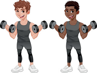 Couple of guys lifting weights. Vector isolated characters with transparent background
