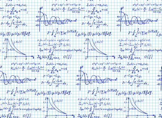 Education and scientific background. Math seamless pattern with the equations, figures, schemes, plots and other calculations on notebook page. Handwritten vector Illustration.