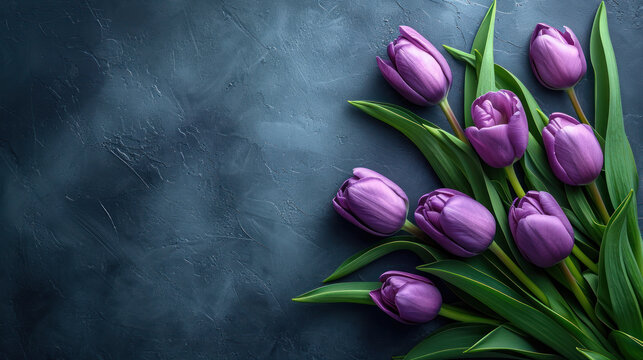 Spring holiday, women's day. purple tulips on black stone background.