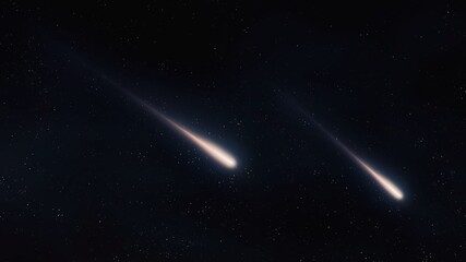 Meteor trails in the sky. Glow of falling meteorites, two celestial objects in the atmosphere....