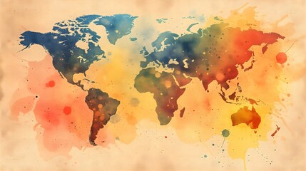 Global artistry: Dive into the enchanting details of a watercolor world map, a visual delight for travel enthusiasts and design projects.