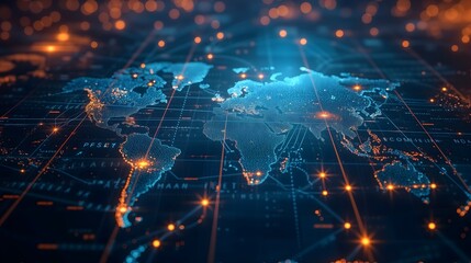 Obraz premium Digital global presence, Showcase innovation with a holographic world map on a virtual screen, emphasizing the synergy of global business and telecommunication technology.