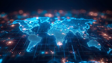 Futuristic mapping, Engage viewers with a holographic world map on a virtual screen, illustrating global business and advanced telecommunication technology concepts.