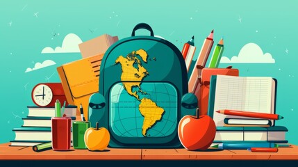 Colorful vector illustration of back-to-school supplies and stationery items for educational designs and projects