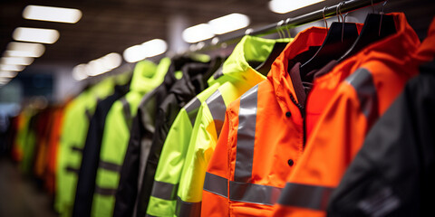 colorful shirts on hangers,,,Safety clothing display  - obrazy, fototapety, plakaty