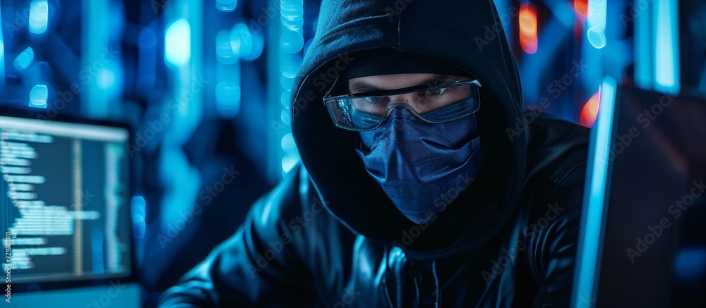 Poster intense hacker wearing balaclav mask skillfully hacking computer