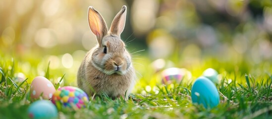 Fototapeta na wymiar Close-Up of Funny Little Rabbit on Easter Background - Funny Little Rabbit Easter Background Close-Up