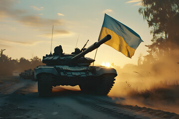 National armed force, military parade, army troops, tanks with Ukraine flag. - obrazy, fototapety, plakaty