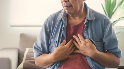 Asian senior man with chest pain. Heart attack patient. - obrazy, fototapety, plakaty