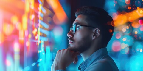 Close up shot of a focused man e-commerce analyst, deep in thought