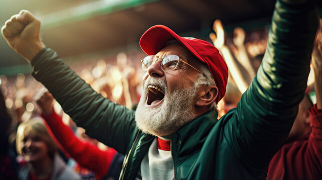 An older sports enthusiast captures the excitement of a local sports event,  cheering for their favorite team and sharing the experience online