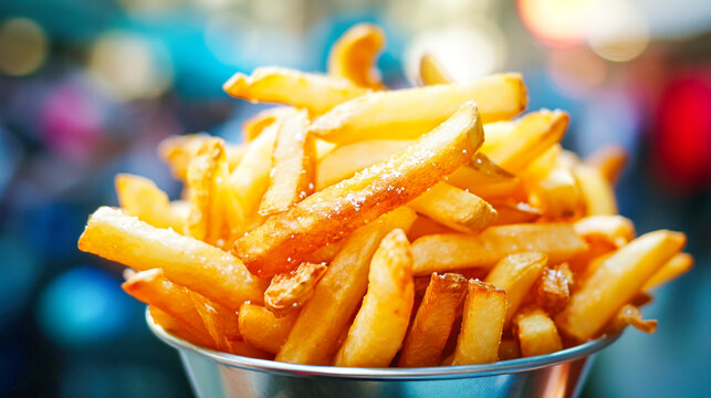 Close-Up of French Fries in Metal Container