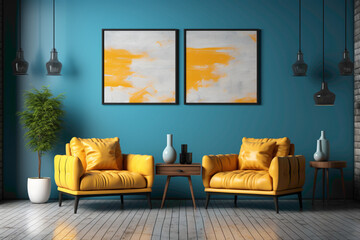 Craft a cheerful setting with blue and yellow sofas, complemented by a wooden table and framed by a blank empty frame. 