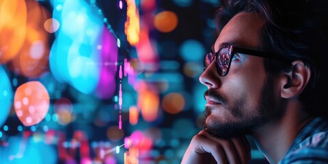 Close up shot of a focused man e-commerce analyst, deep in thought