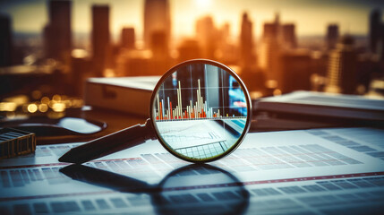 Magnifying Glass on Desk - Business Tool for Market Research and Analysis. Business Control over quotes and shares. Market research. Trader.