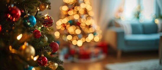 Vibrant Christmas Tree in a Defocused Living Room Background Creates a Festive Holiday Ambiance: Defocused Background, Living Room, Christmas Tree