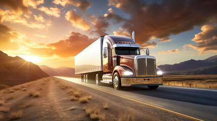 semi-trailer on the highway, highway. sunrise or sunset. The vehicle carries out international cargo transportation. Deserted highway with a truck.