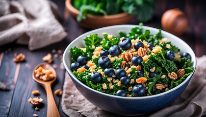 Salad of kale, bulgur, blueberry and walnuts in a bowl on a dark wooden background. Healthy vegan food. Kale salad.
 - obrazy, fototapety, plakaty