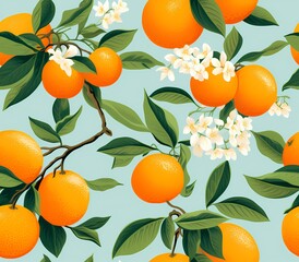 seamless pattern of classic orange illustration in botanical drawing style on denim  blue background for wallpaper, textile, fabric