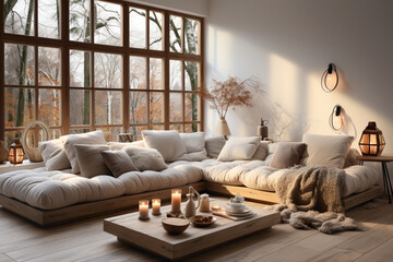 Fototapeta na wymiar Create a haven of comfort in your modern living room with Scandinavian hygge design. 