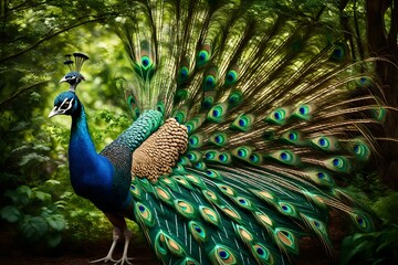 Obraz premium A peacock flaunting its radiant plumage in a jungle setting, perfectly lit to showcase the bird's natural grace amidst the lush and diverse surroundings
