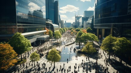A bird's eye view of a city with lots of people walking around - obrazy, fototapety, plakaty