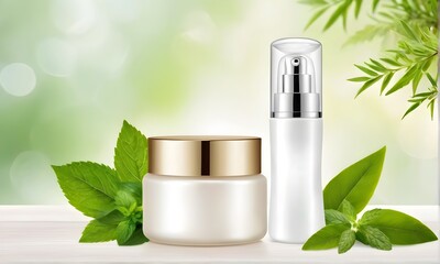 Illustration of white cosmetic cream jars and mint leaves. Designed for mockup	