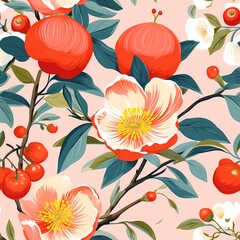 illustration of pink persimmon with red flower in simple graphic style 