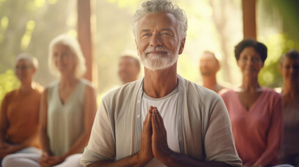 A group of seniors joins an online meditation session,  embracing mindfulness and relaxation,  and encouraging others to do the same