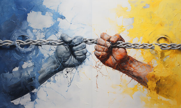 Close-up shows human hands with chains and dripping yellow and blue paint. the law, danger, a drug addict, a young guy, as a good force, help in the fight and victory in life. mental pain, restricts 