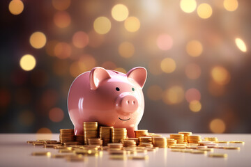Piggy bank with coins on bokeh background, savings concept. Close-up of piggy bank coins stacked against green bokeh background. finance and money business concept Save money to prepare for the future - obrazy, fototapety, plakaty