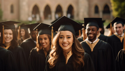 education, graduation and people concept - group of smiling students in mortarboard and bachelor gowns. happy graduate girl in cap and gown with diploma at graduation ceremony outdoors. happy students