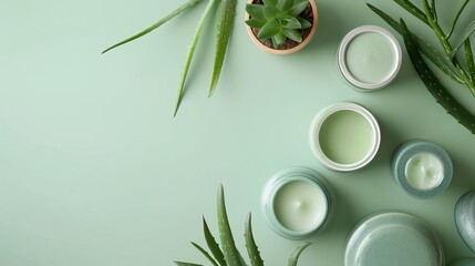Aloe beauty treatment display. Containers with aloe vera on green background