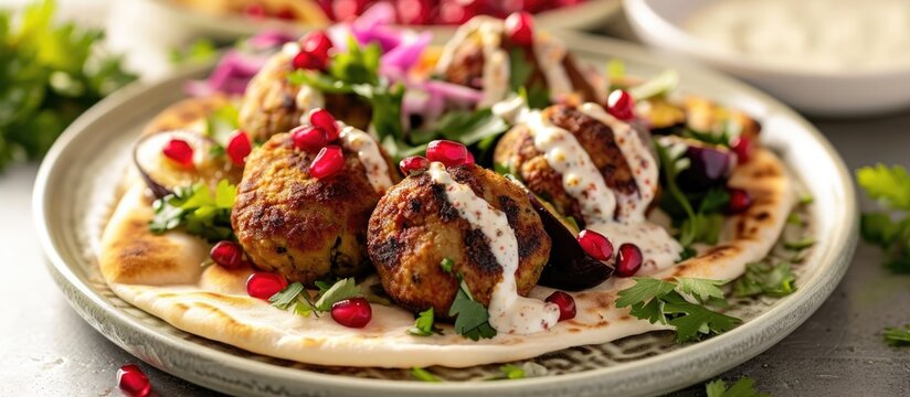 Pita With Falafel, Eggplant, Pomegranate And Yogurt Dressing