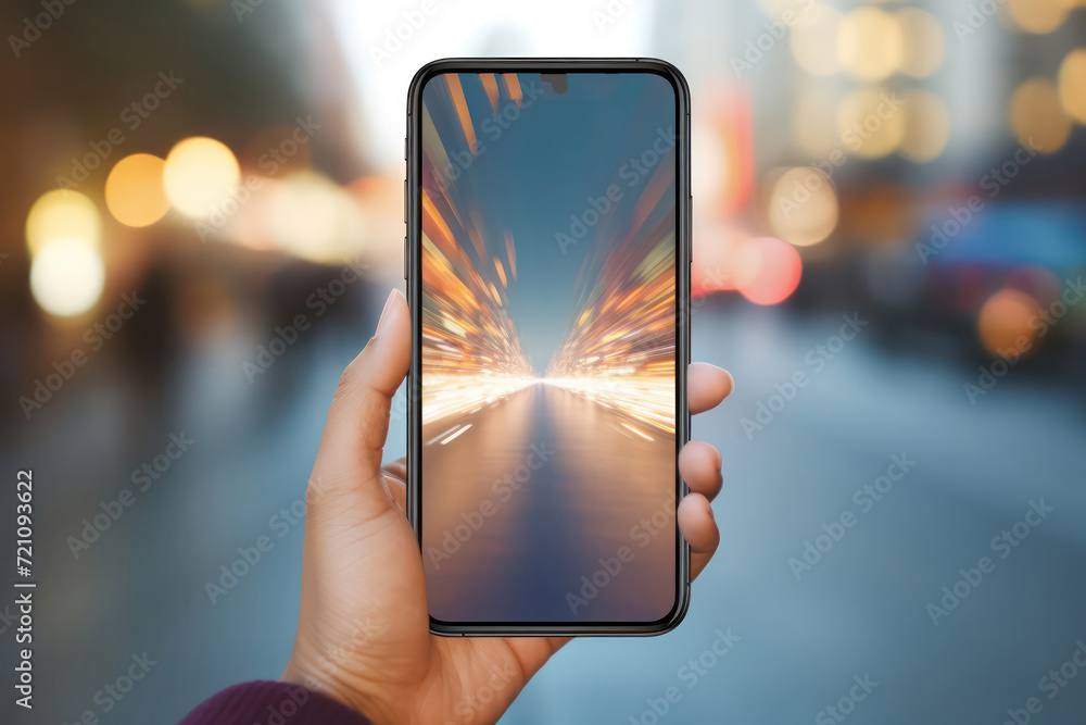 Poster hand holding smartphone with a screen showing a dynamic speed motion effect on a city road at dusk