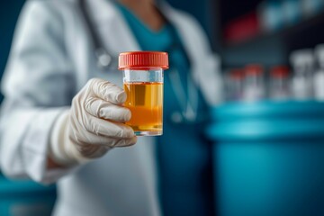 Doctor examines yellow urine sample in a white coat
