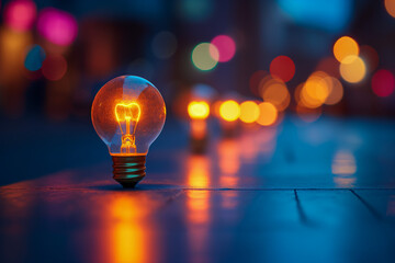 Lone Light Bulb on City Sidewalk at Night
