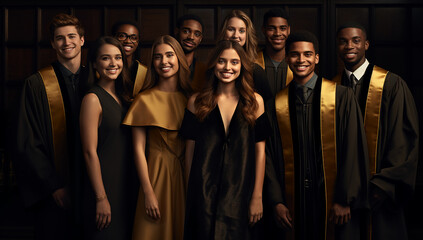 Obraz premium smiling american and caucasian students in graduation gowns